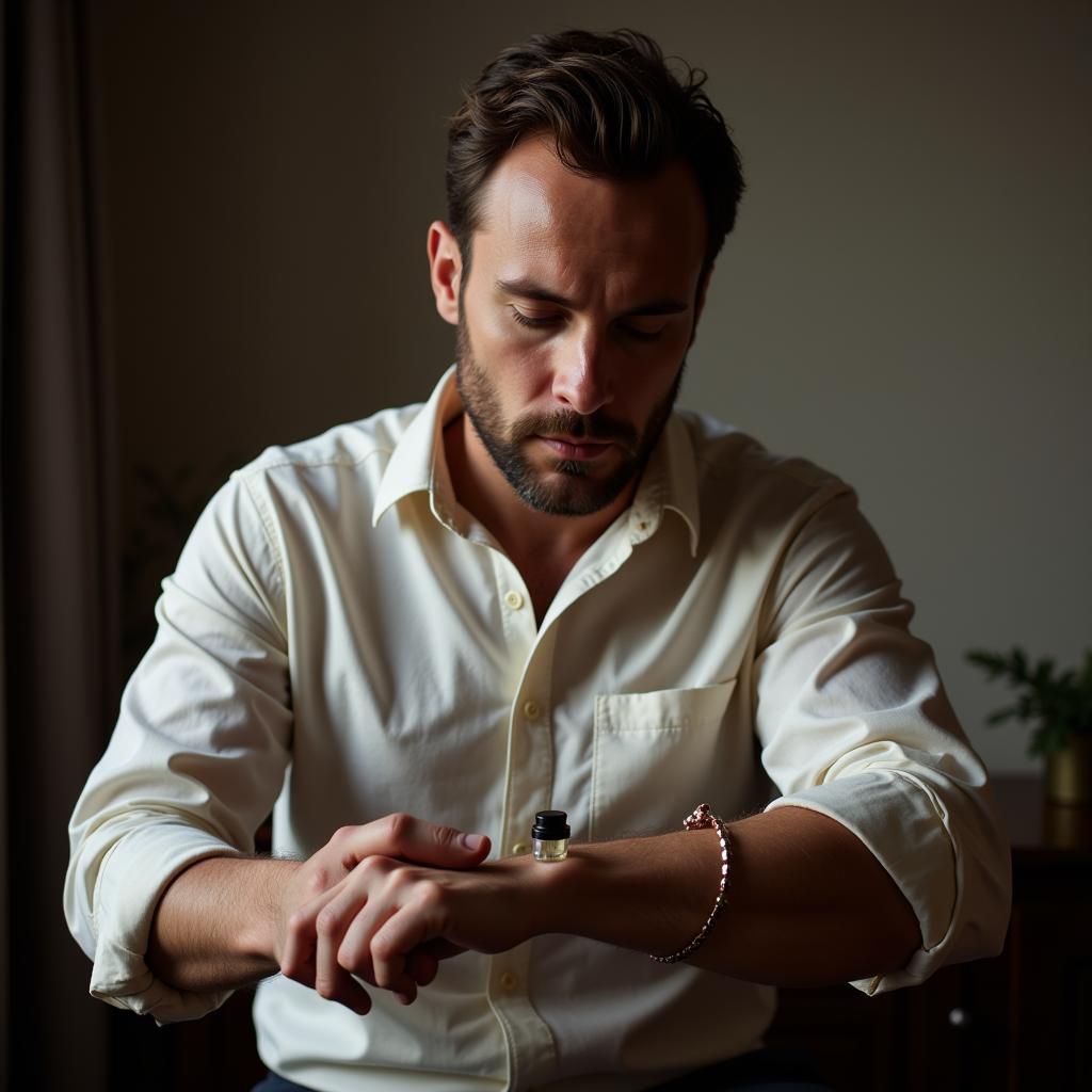 Man testing a cologne sample on his wrist