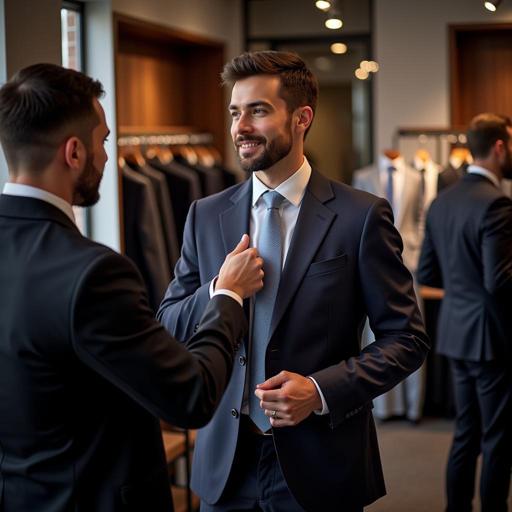 Man trying on suits in a clothing store with a tailor's assistance.