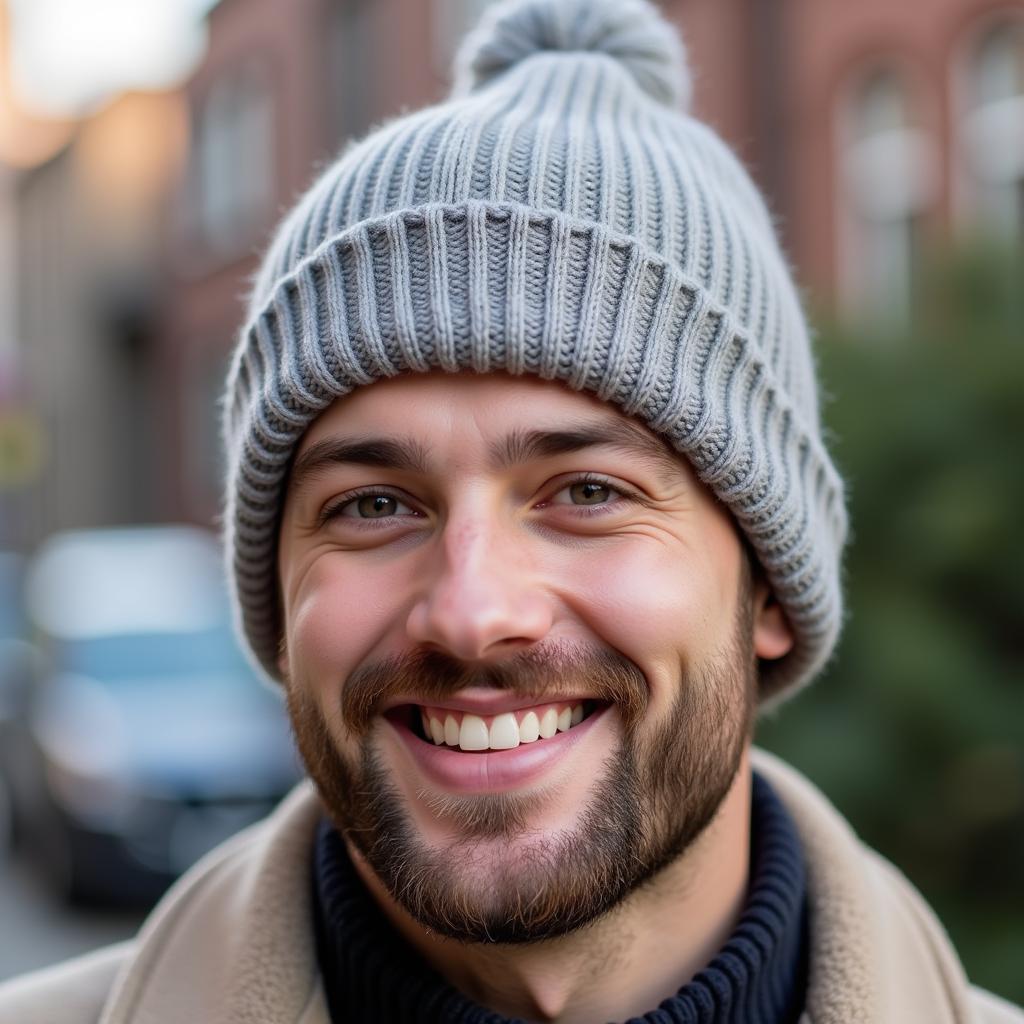 A man wearing a stylish knitted hat