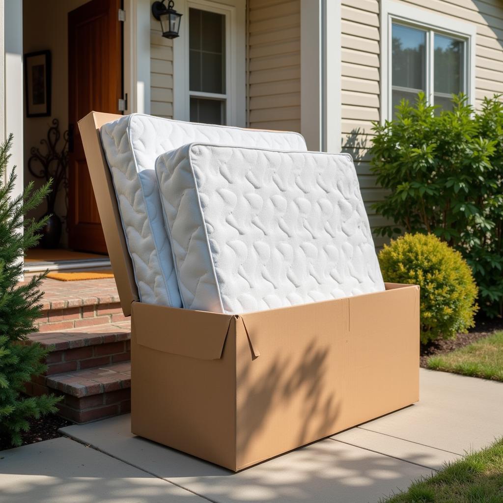 A mattress in a box delivered on a doorstep with a house in the background