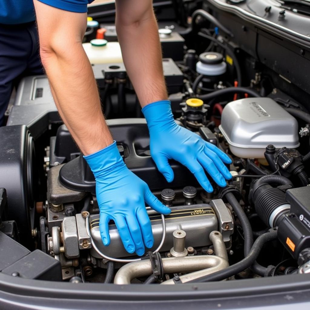 Mechanic wearing free nitrile gloves while working on a car engine