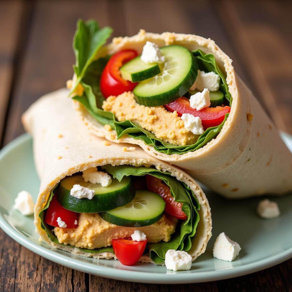 A gluten-free wrap filled with hummus, vegetables, and feta cheese.