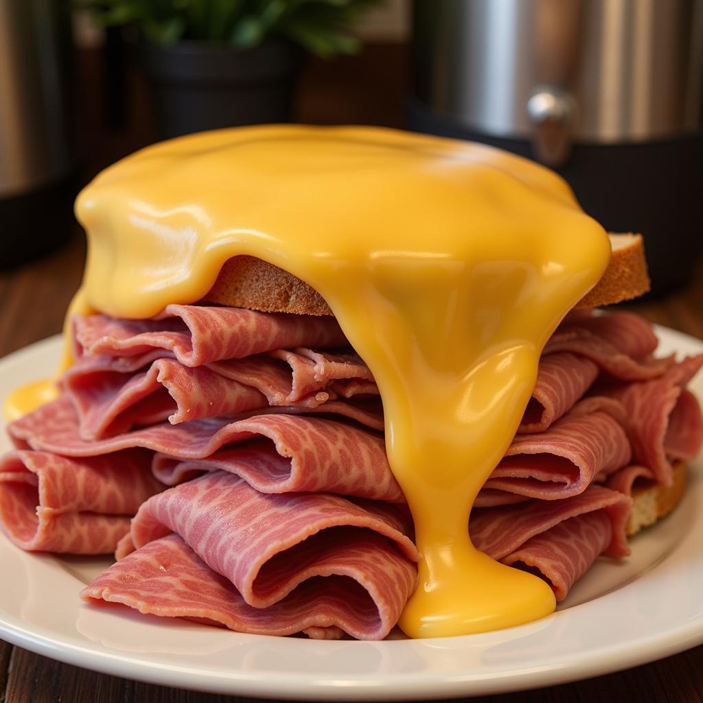 a generous portion of melted swiss cheese draped over a pile of thinly sliced corned beef