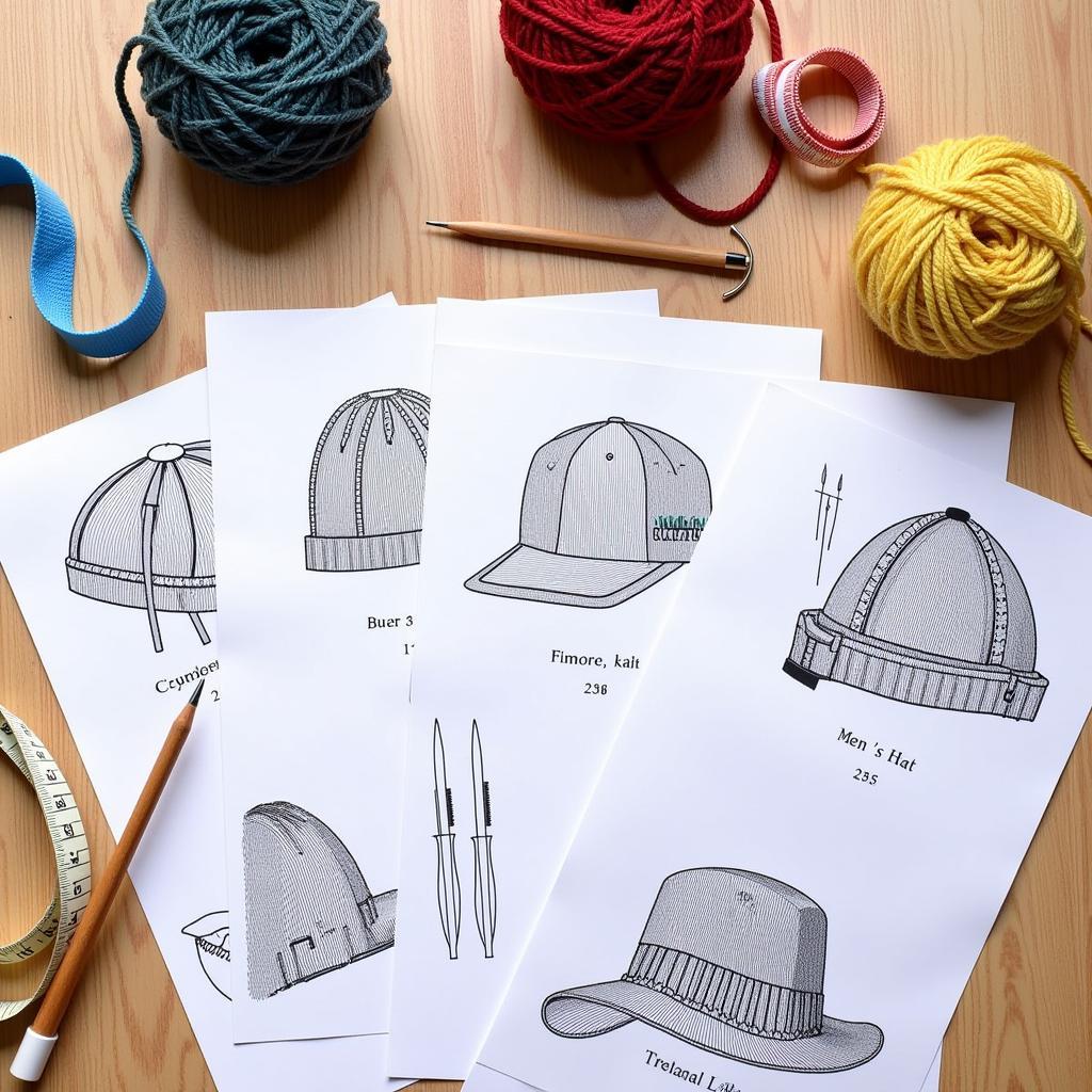 Men's hat knitting patterns on a table