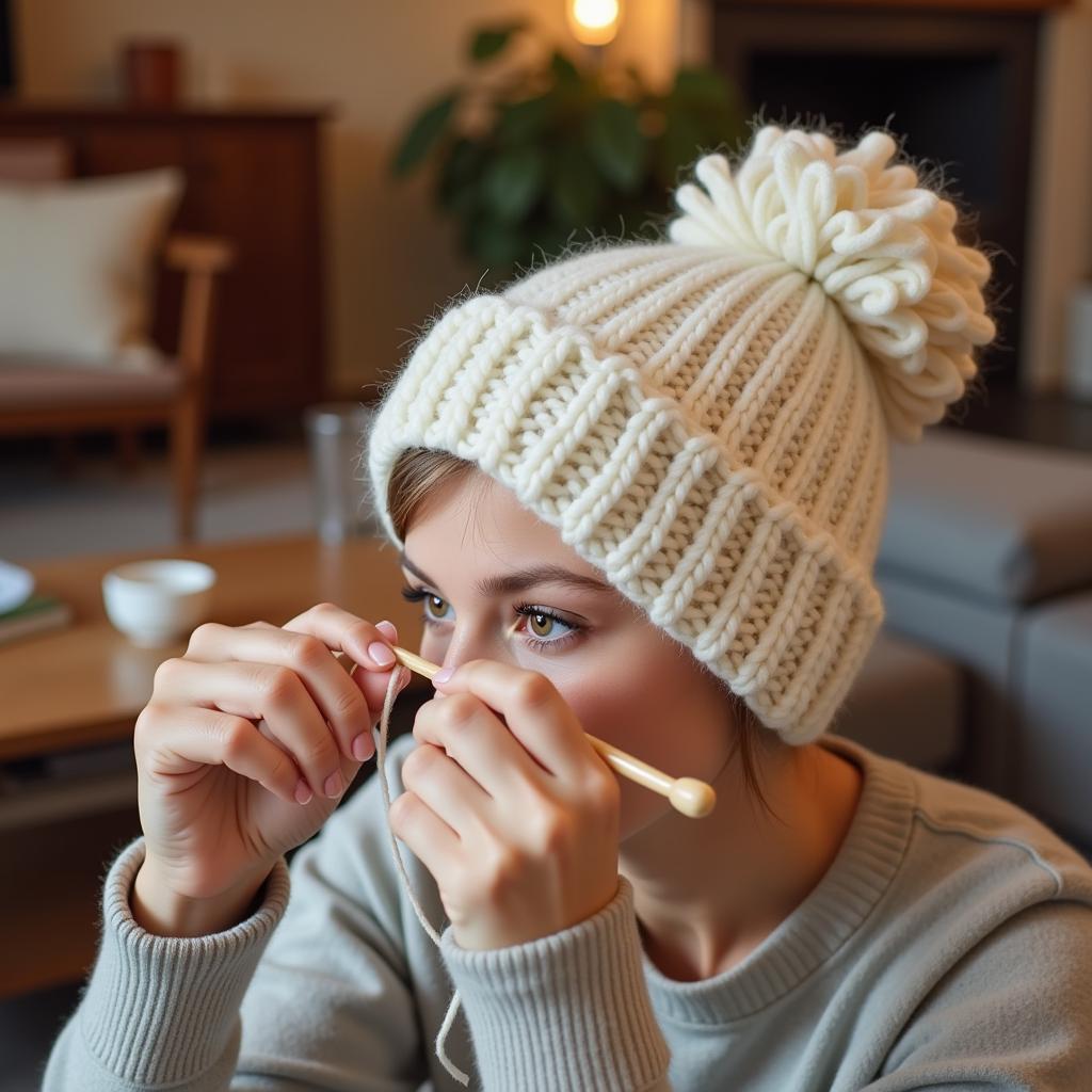 Woman knitting a messy bun hat