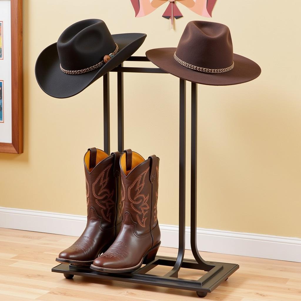 Metal cowboy hat and boot rack