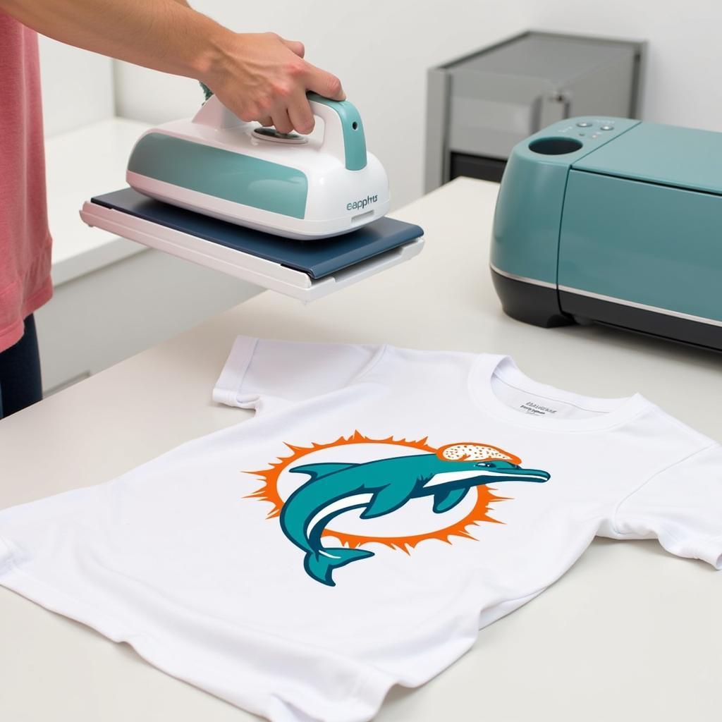 Applying a Miami Dolphins iron-on vinyl design cut with a Cricut