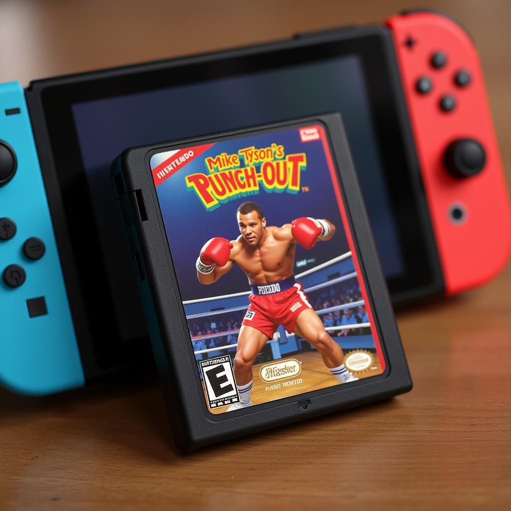 Mike Tyson's Punch-Out game card next to a Nintendo Switch console