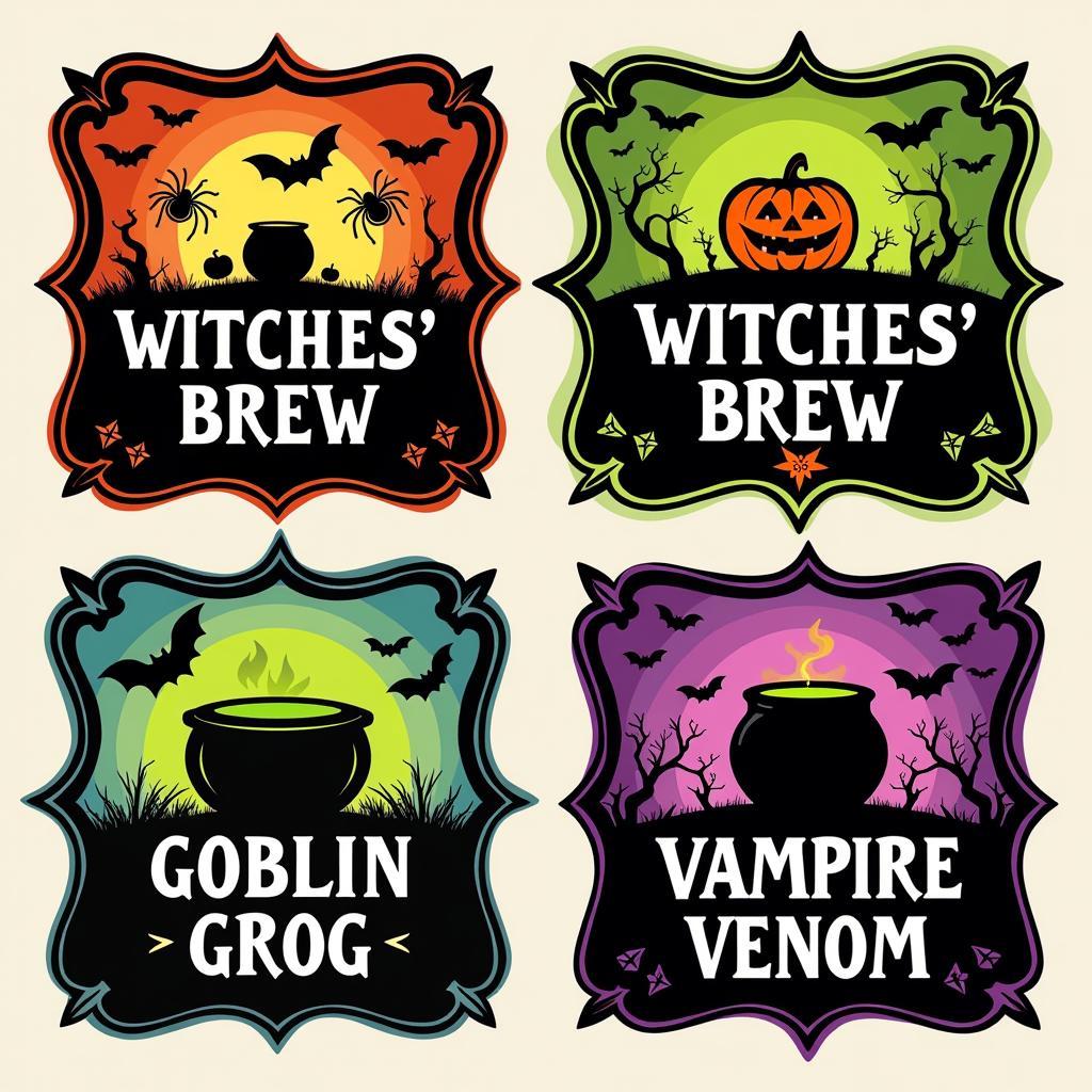 An assortment of miniature potion labels designed for Halloween, featuring spooky themes and vibrant colors.