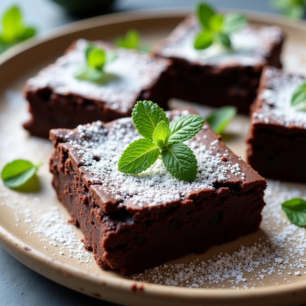 Festive minty chocolate avocado brownies arranged on a plate