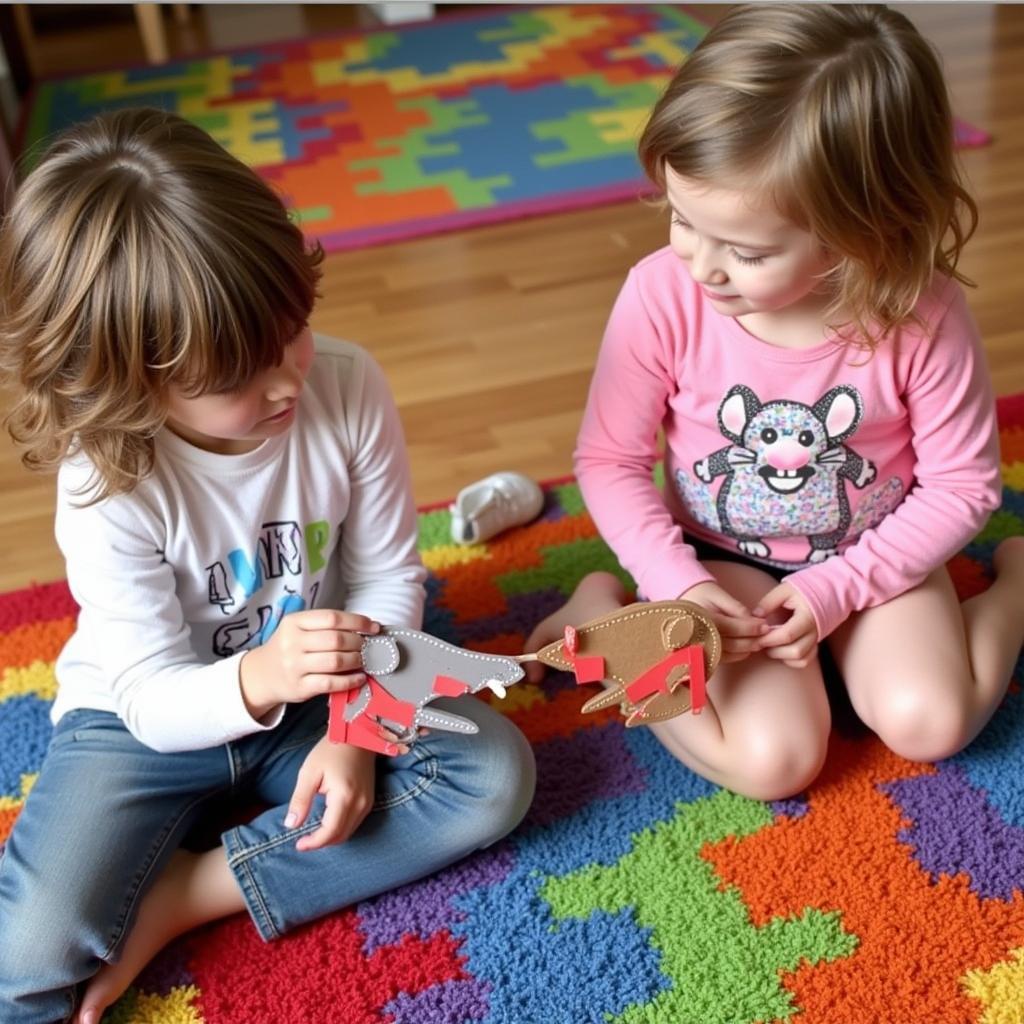 Children playing with The Mitten character puppets