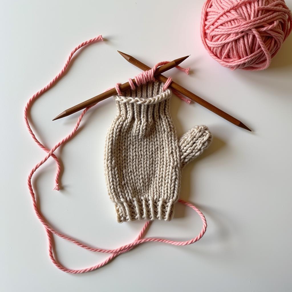 Knitting needles and yarn in progress on a wooden table