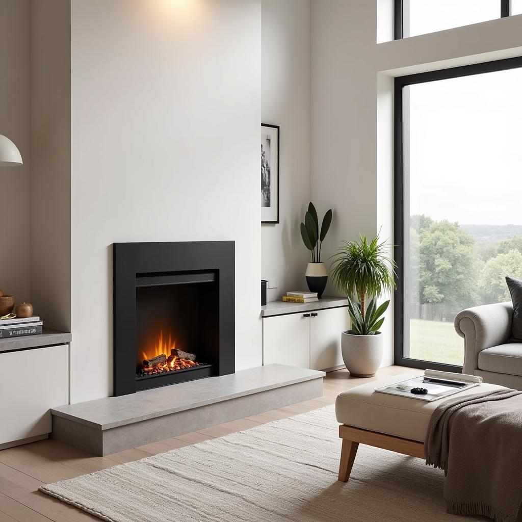 Modern Living Room with Large Free Standing Electric Fireplace and Hearth Extension