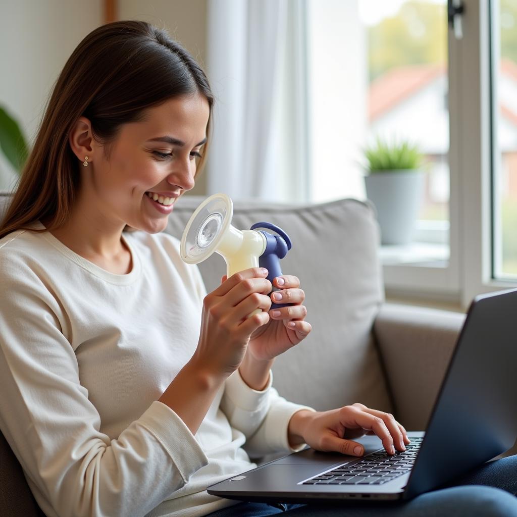 Mother using a hands-free breast pump while working on a laptop