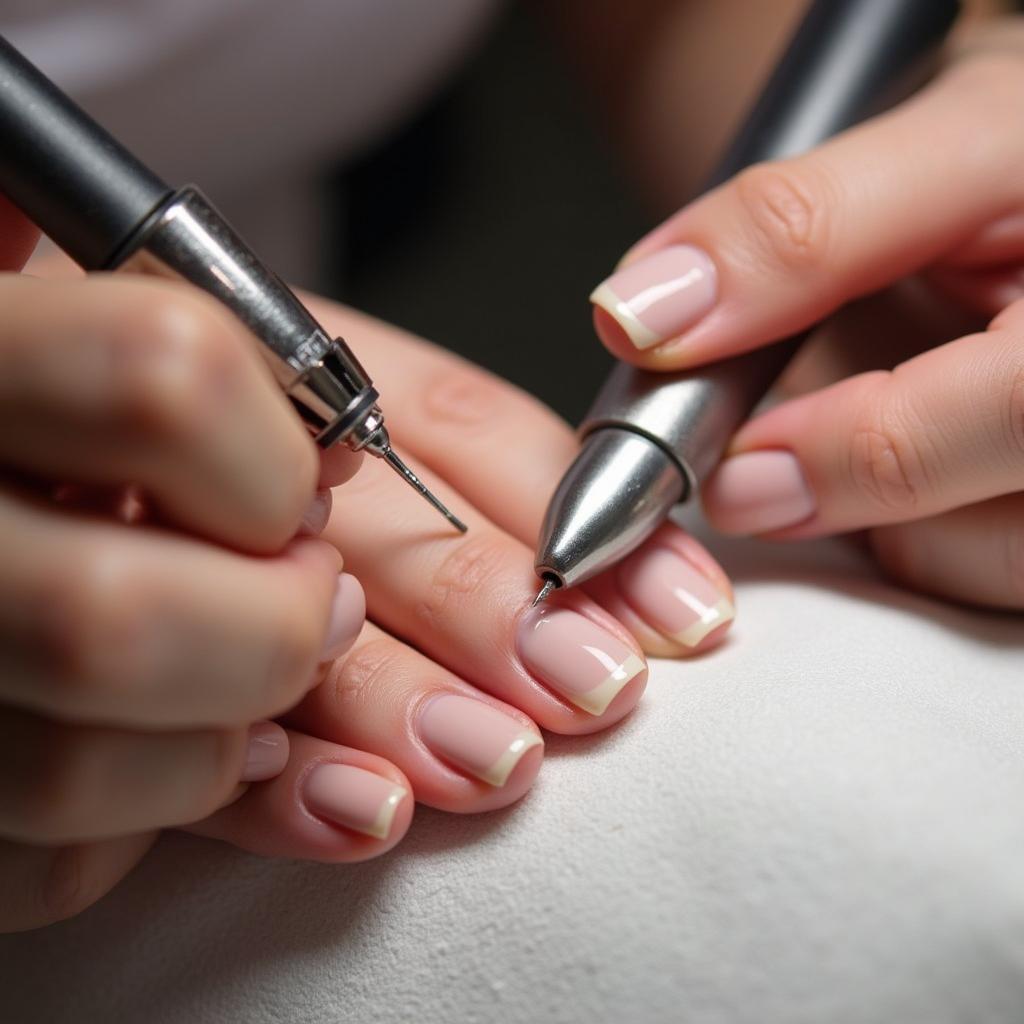 A nail technician carefully applying hema-free gel polish.