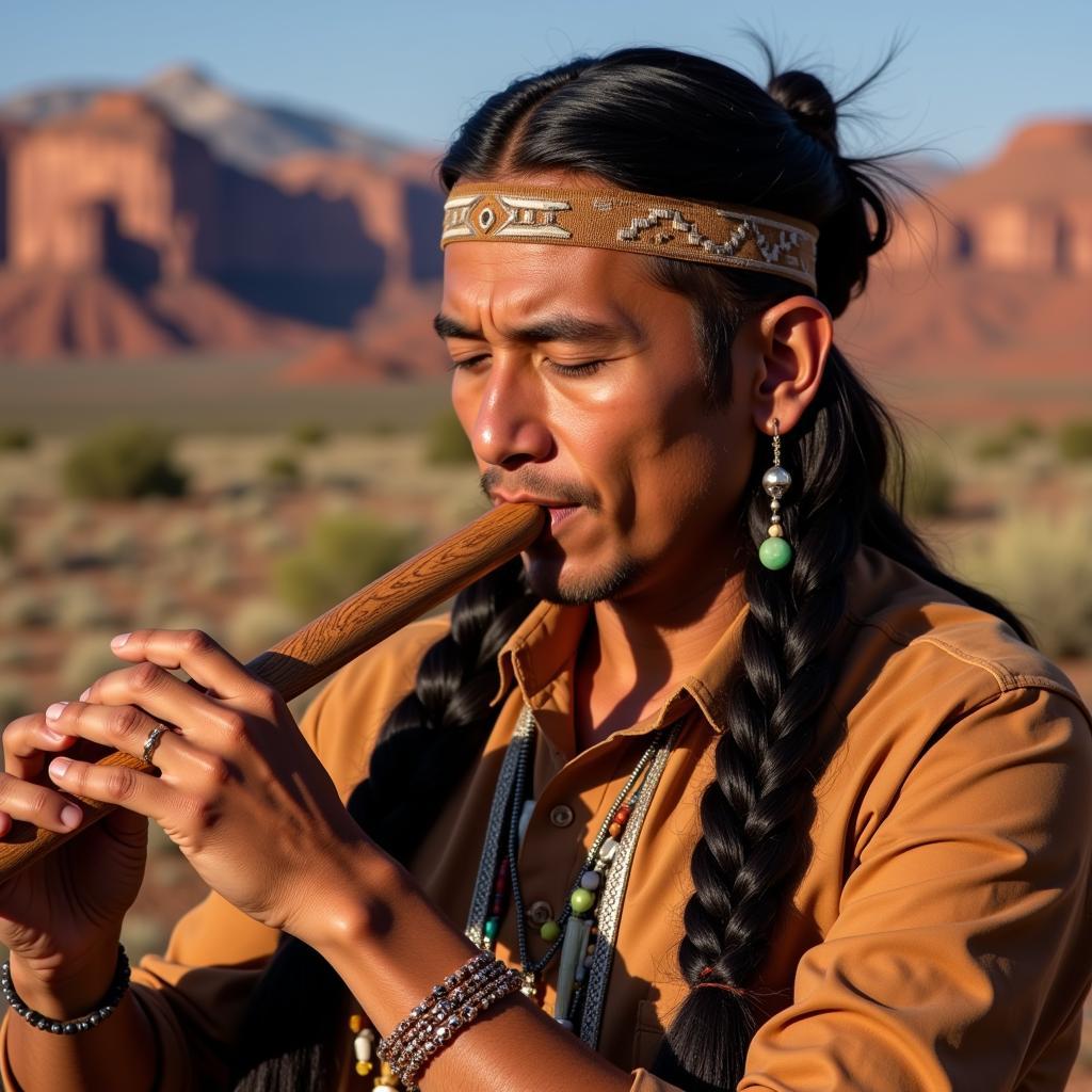 Native American flute player in traditional attire