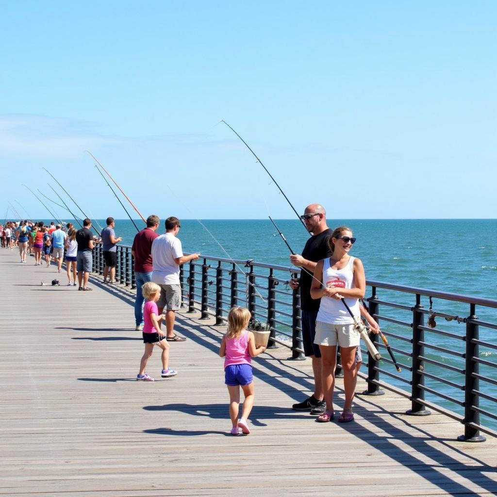 Kids fishing on Navarre Beach Pier with parents