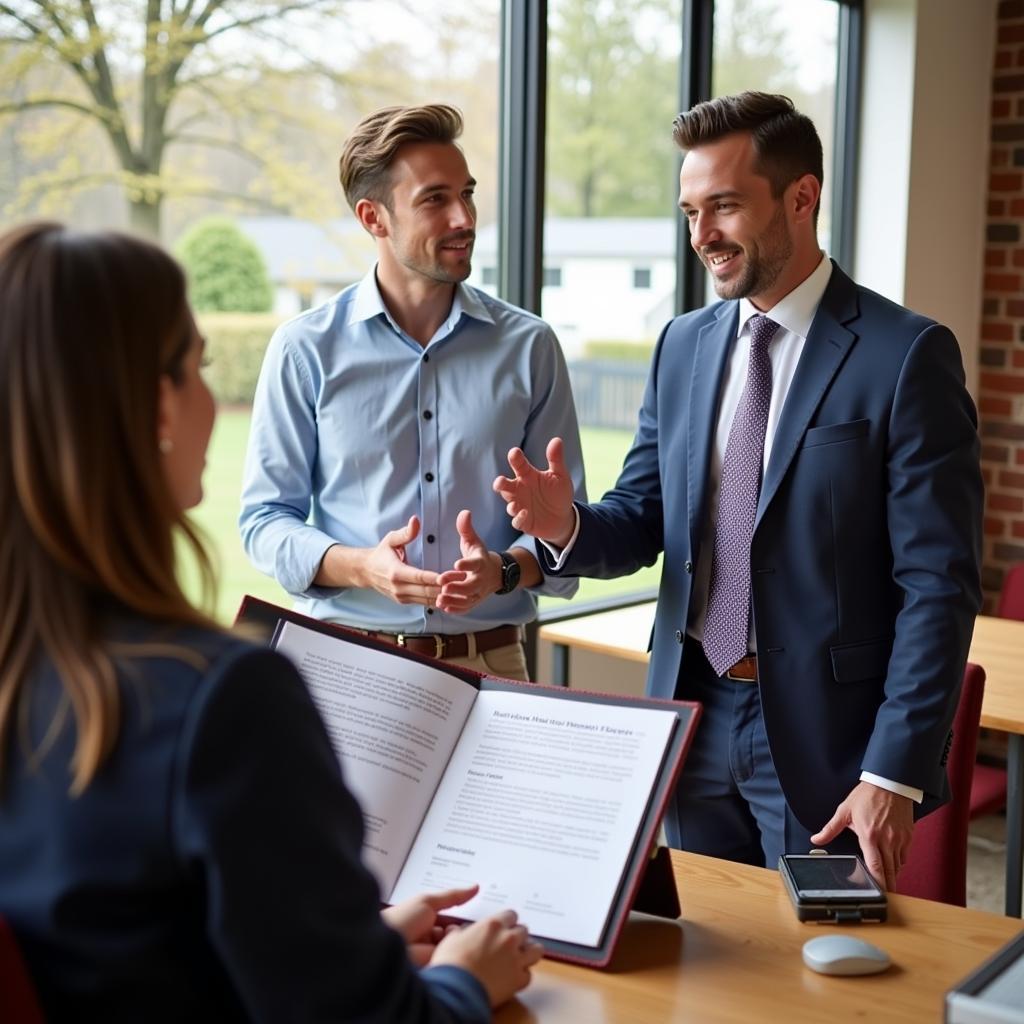 Real estate agent discussing foreclosure properties with clients in New Hampshire