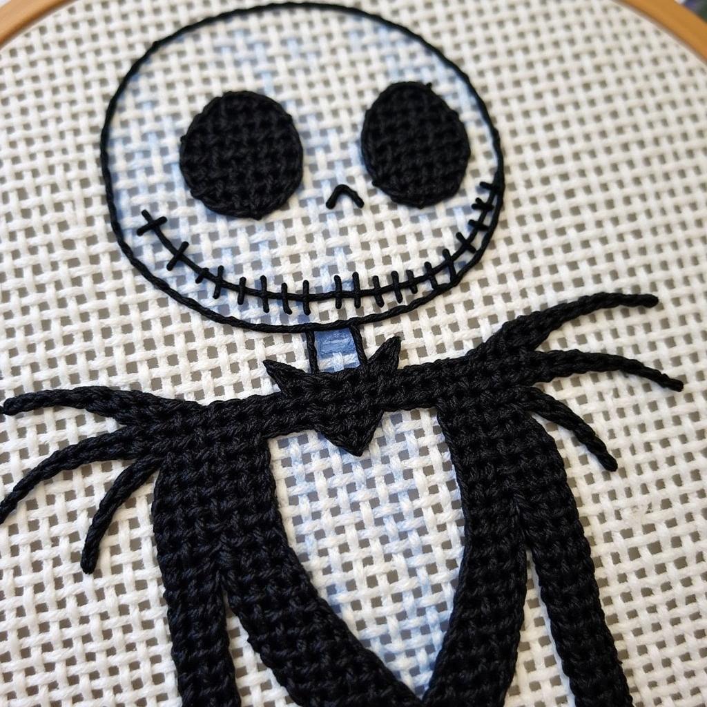 Nightmare Before Christmas cross stitch pattern featuring intricate blackwork