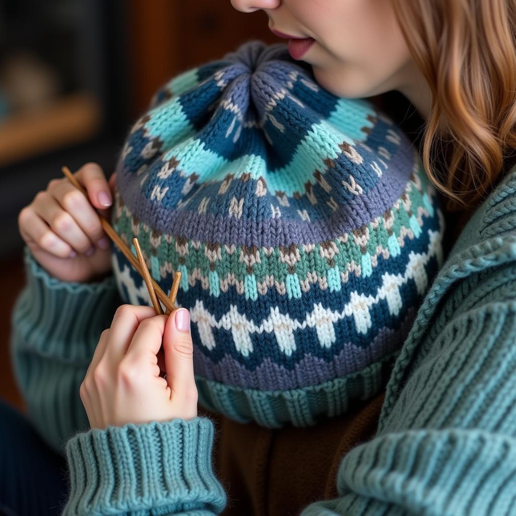 Woman knitting a colorful Nordic pattern hat