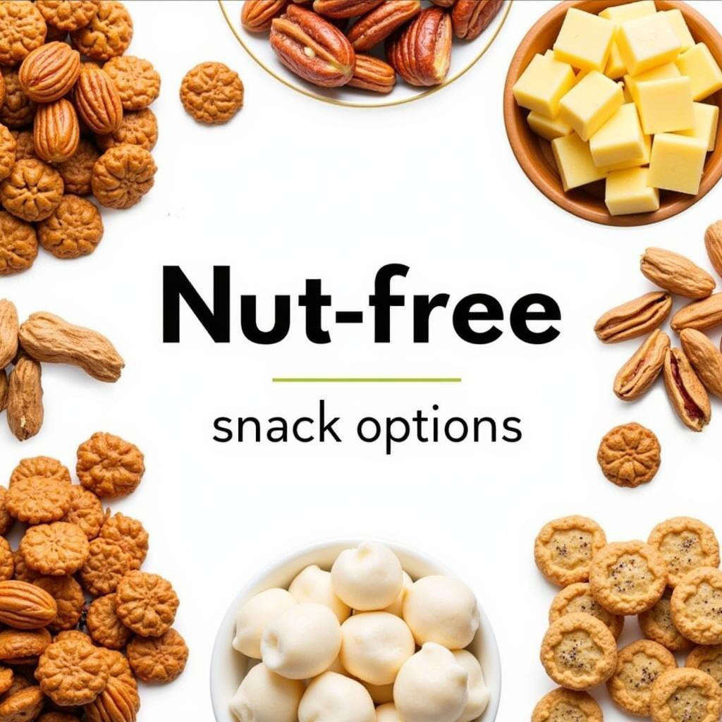 A colorful assortment of nut-free snacks, including fresh fruits, vegetables, rice cakes, and popcorn.