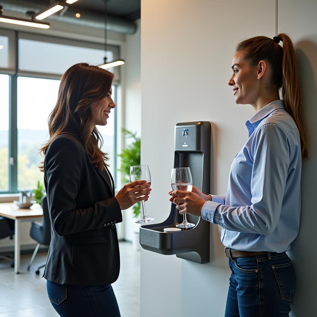 Colleagues Chatting by a Water Cooler in an Office Setting