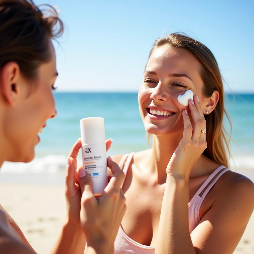 Applying oil-free SPF 15 sunscreen at the beach