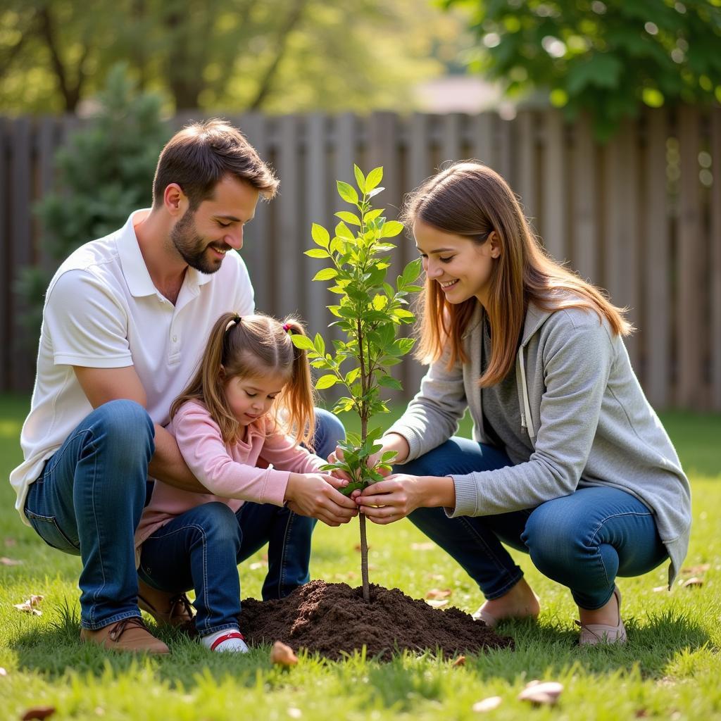 Family Planting Tree in Oklahoma Backyard