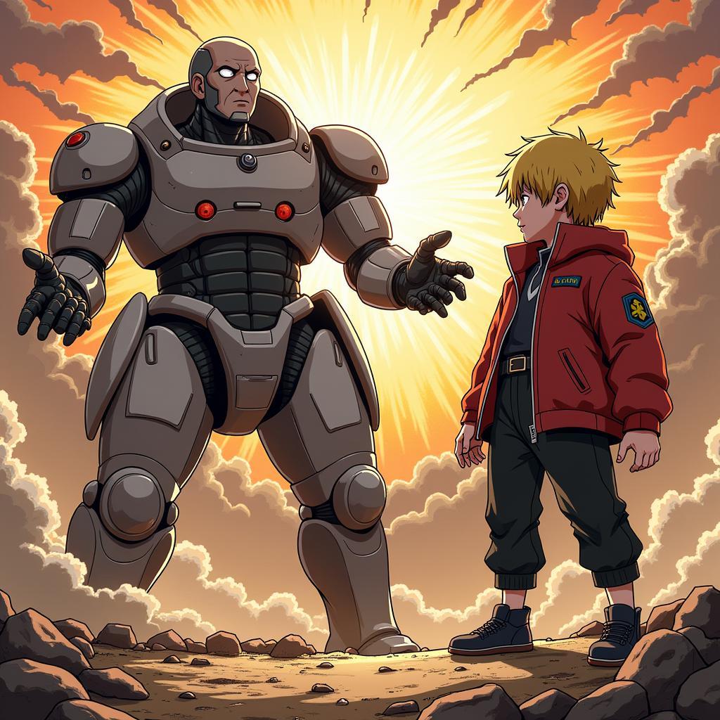 Genos and Saitama in a battle scene