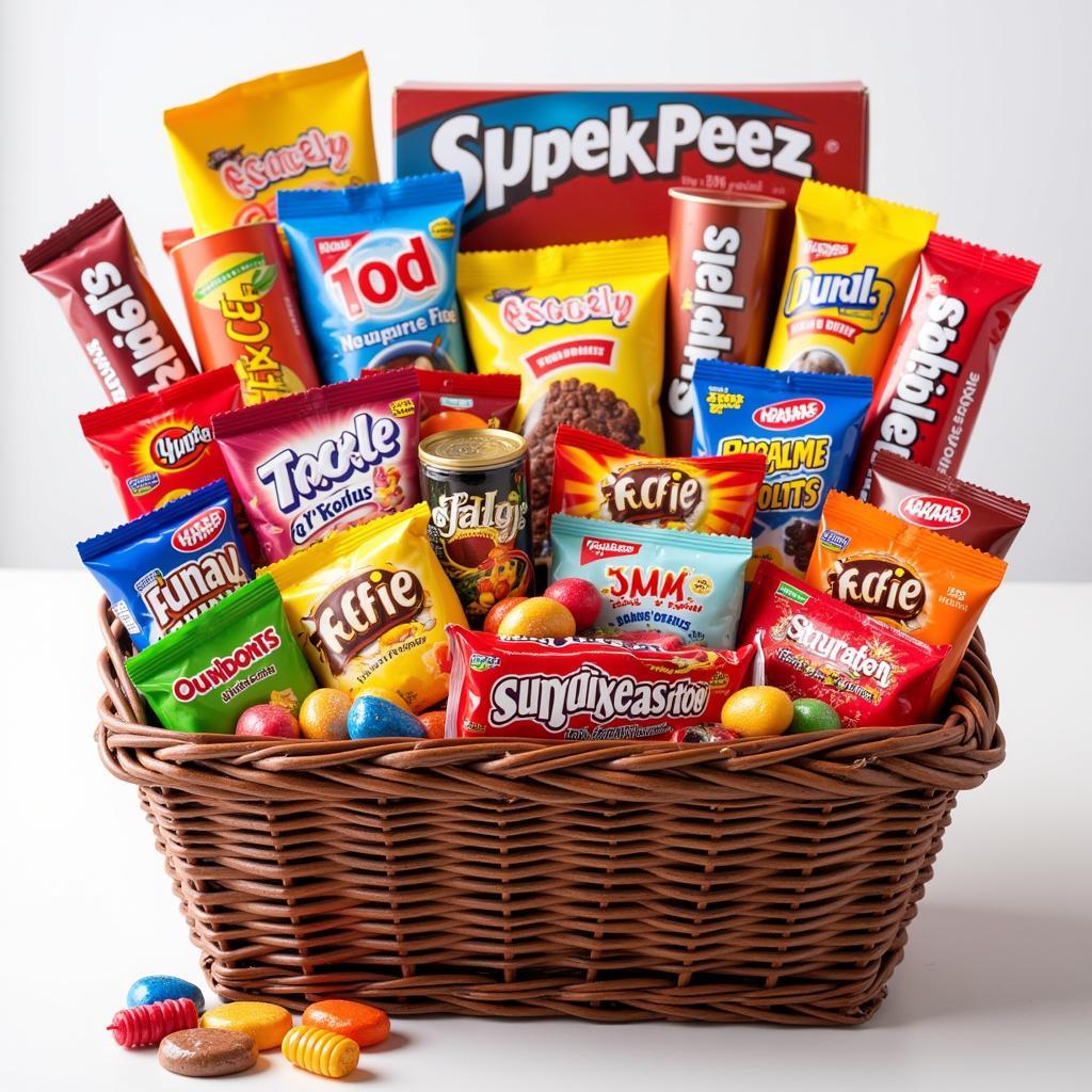 A gift basket filled with colorful candies