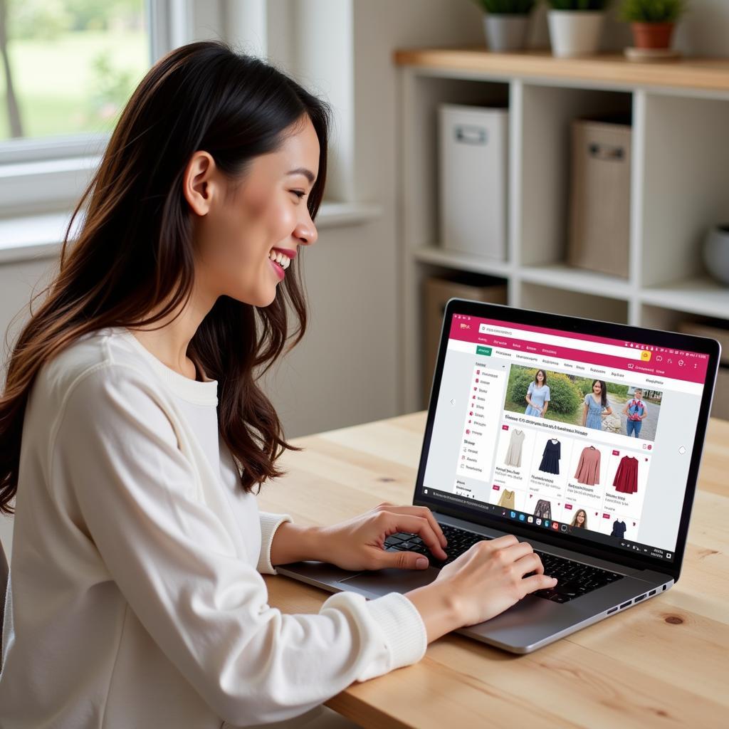 Woman browsing free patterns on a fabric store website