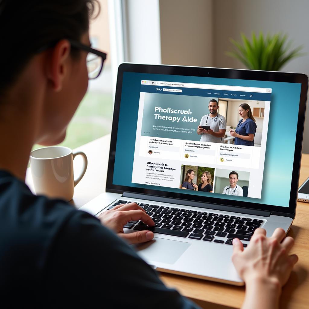 Person using a laptop with online learning platform for physical therapy aide training on the screen