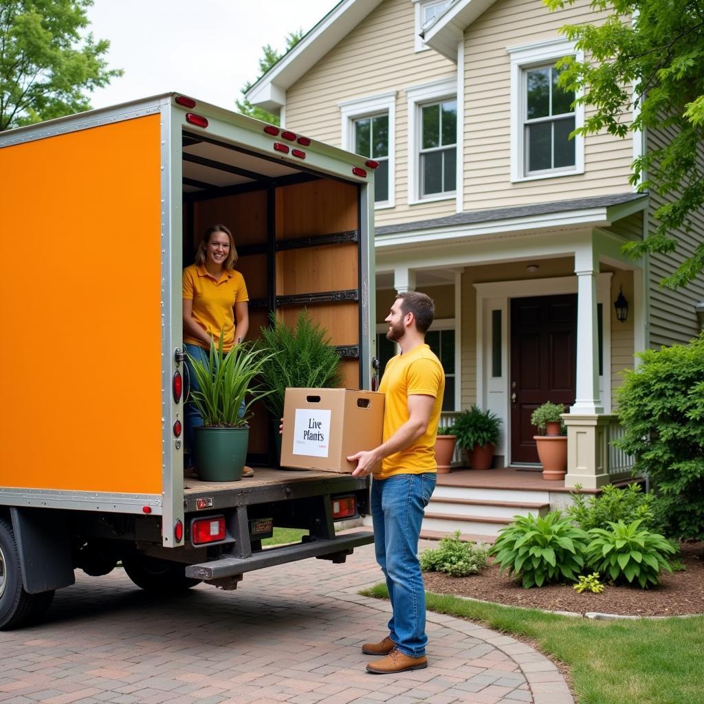 Delivery truck arriving at a house with a plant order