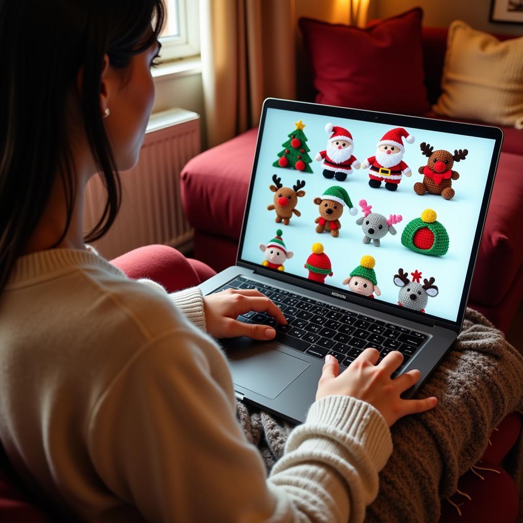 A woman browsing free amigurumi Christmas patterns on her laptop