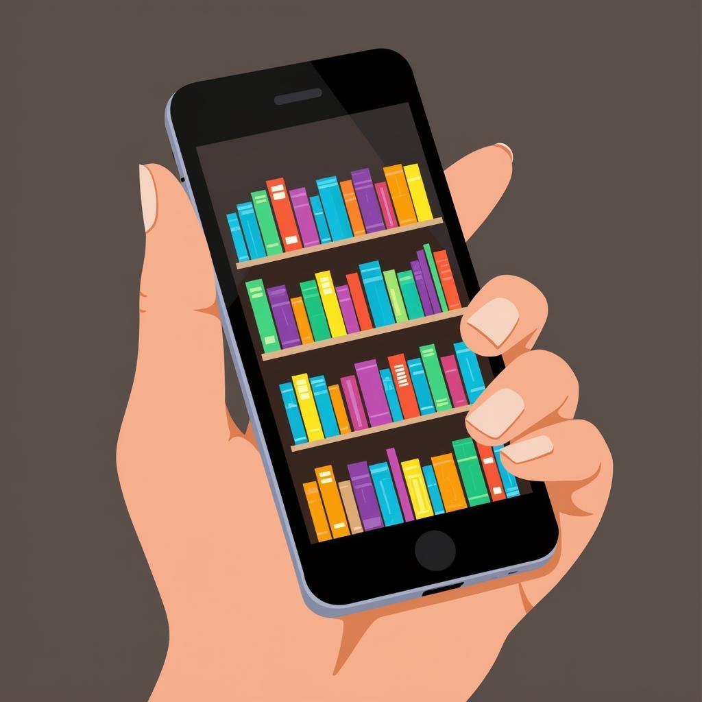 Digital illustration of a smartphone with various book covers displayed on the screen.