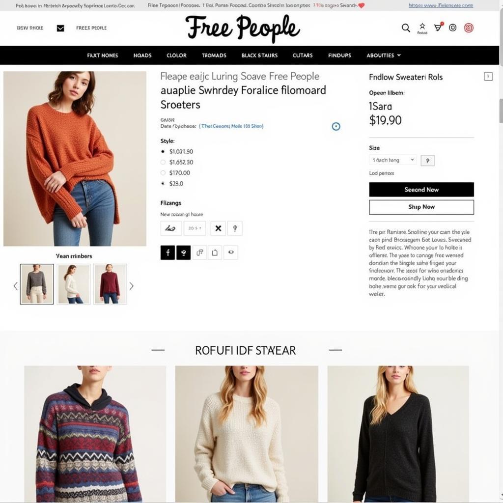 Laptop displaying a website selling sweaters, with search bar reading "Free People dupe sweaters."