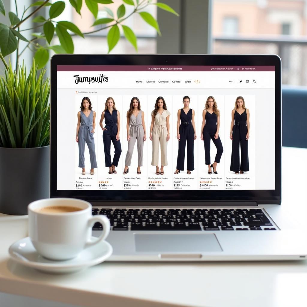 Various styles of jumpsuits displayed on a laptop screen