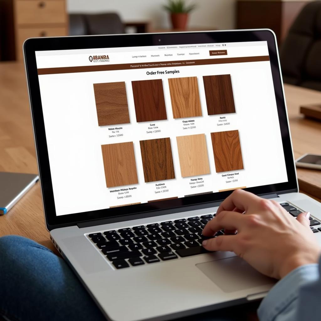 Ordering wood samples online using a laptop.