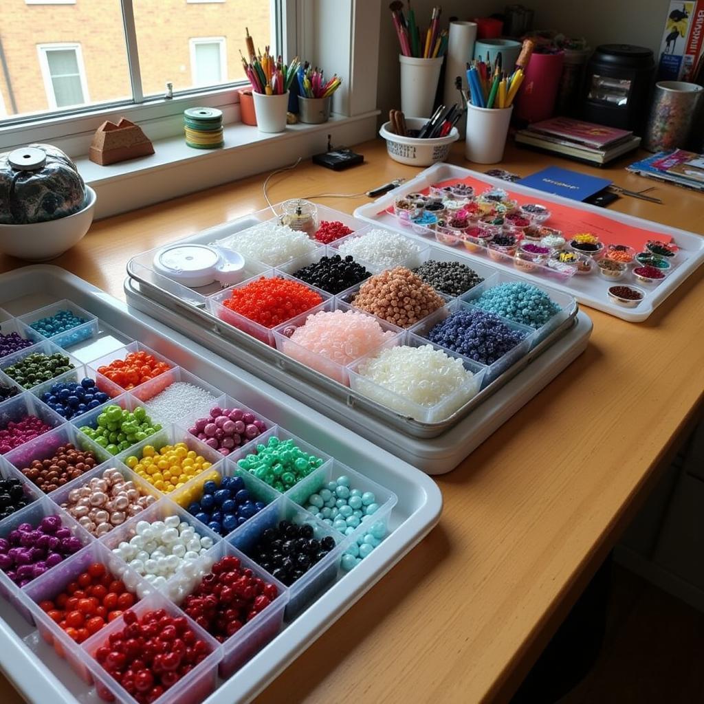 A neatly arranged beading workstation