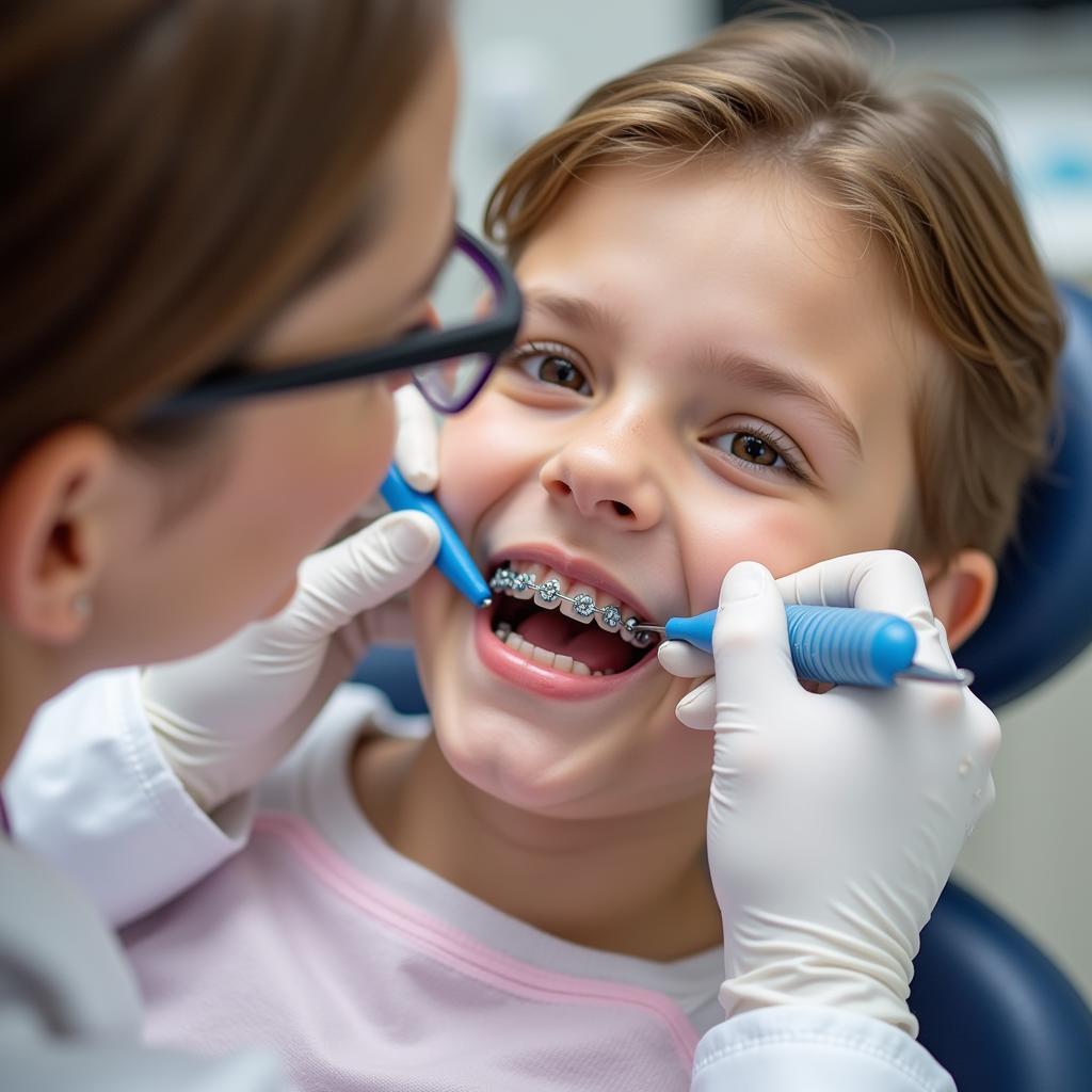 Orthodontist examining a patient's braces during a check-up