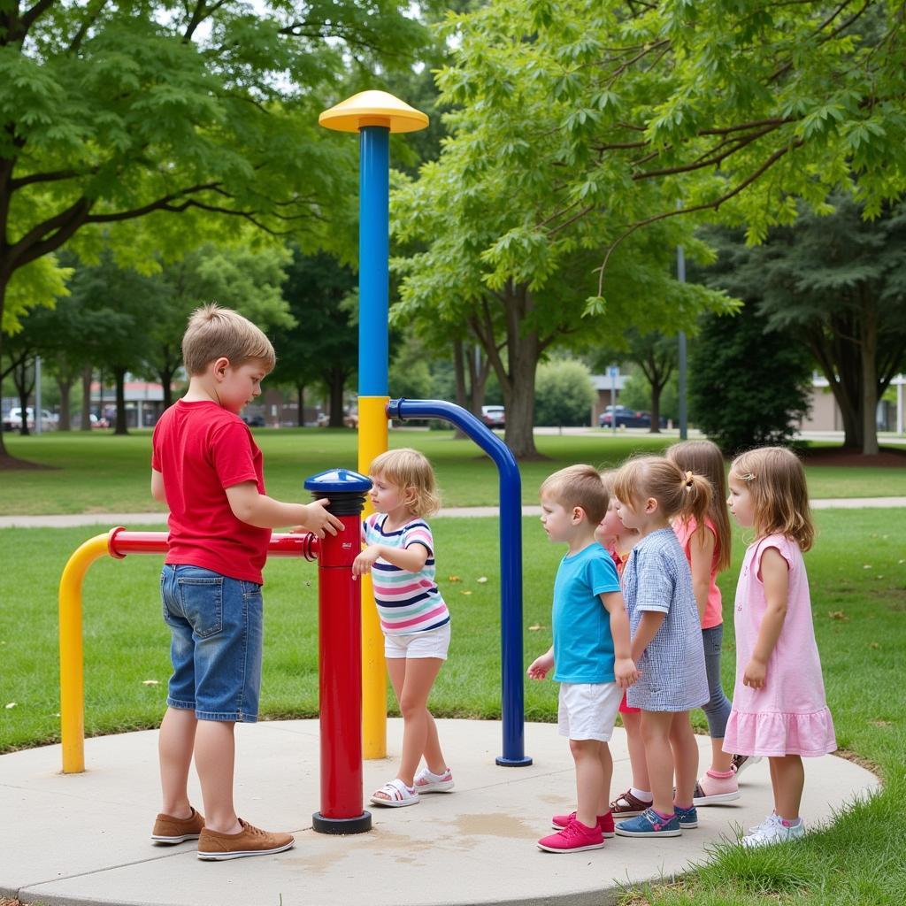 Children Gathering Around an Outdoor Drinking Fountain in a Park