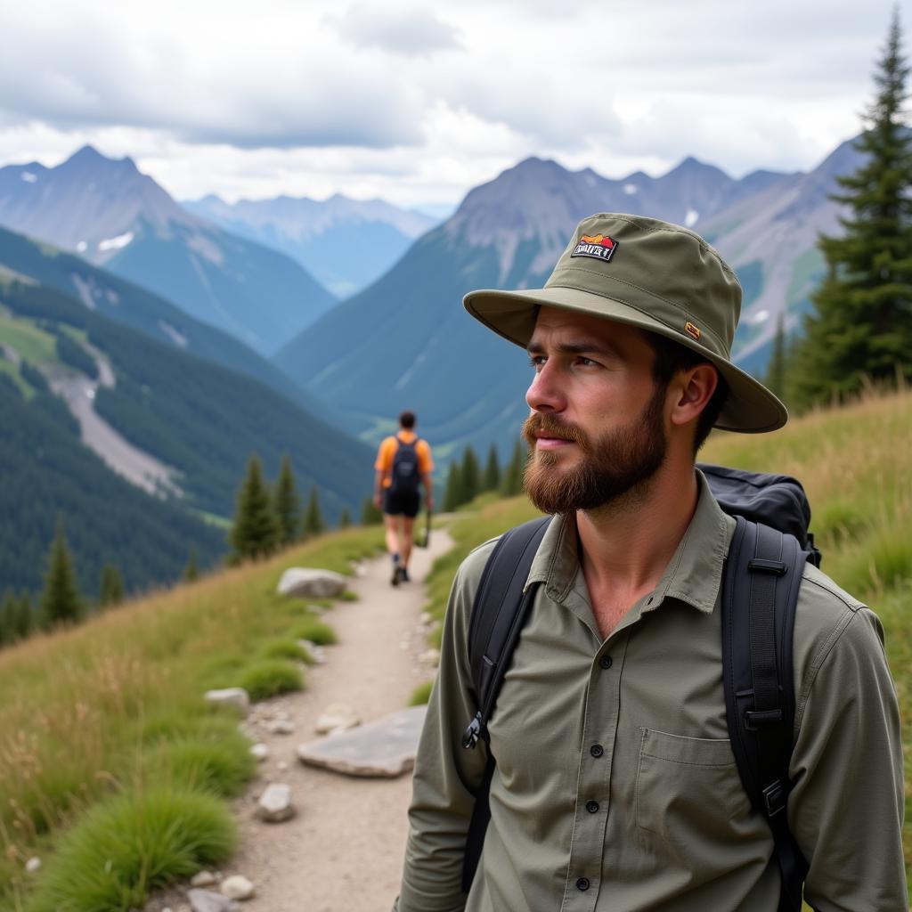 An outdoor enthusiast sporting a free authority outdoors hat while hiking.