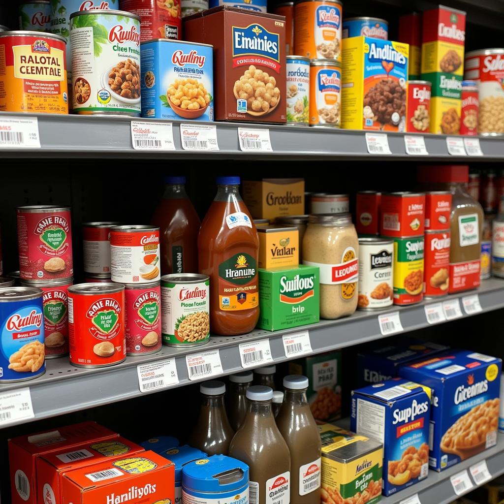 Cans and boxes of non-perishable food items ready for distribution at an Owings Mills food bank