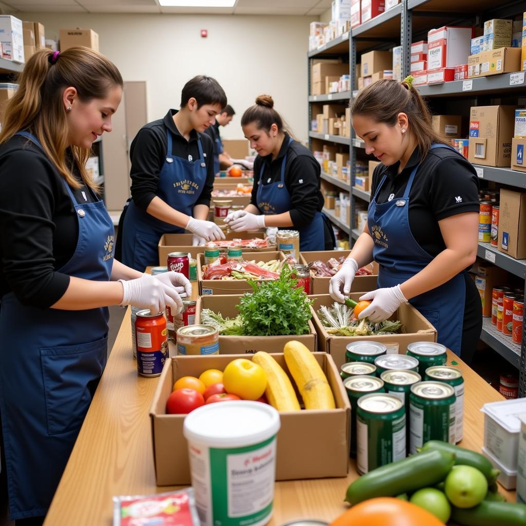 Volunteers sorting and packing food donations at an Owings Mills food pantry