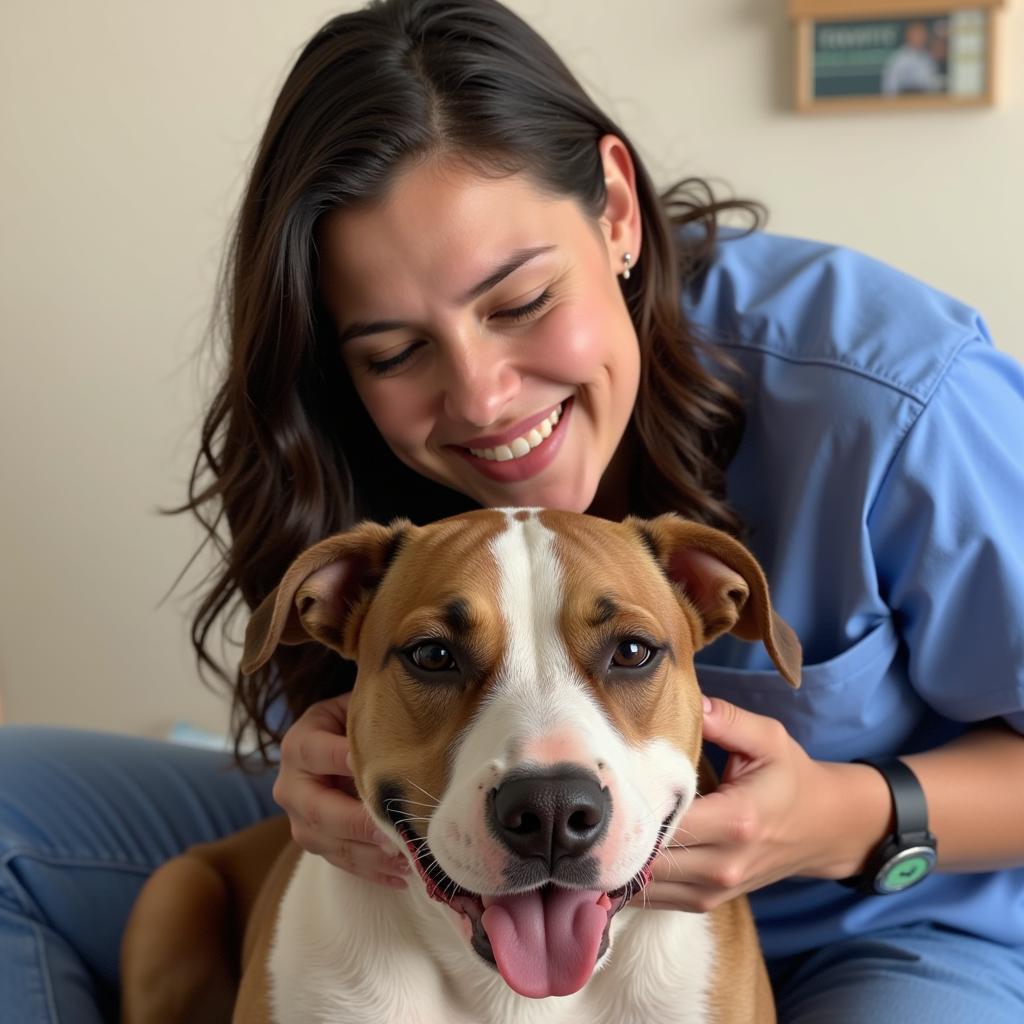 Owner cuddling their spayed pitbull