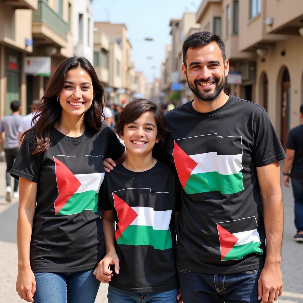 A Palestinian family proudly wearing matching Free Palestine t-shirts