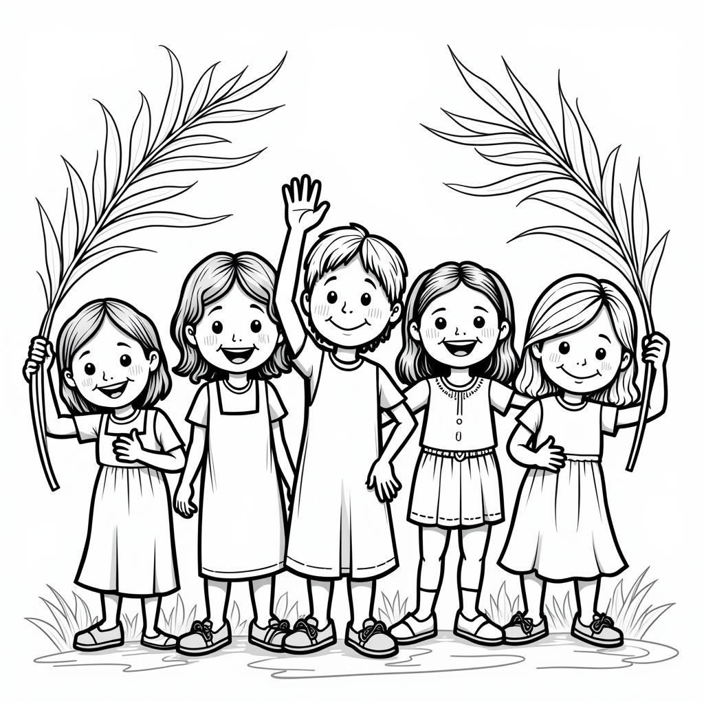 Palm Sunday coloring page with children holding palm branches