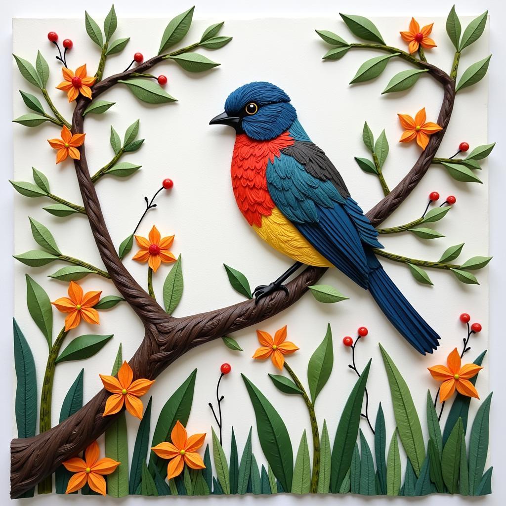 finished paper pieced bird wall hanging with a nature scene