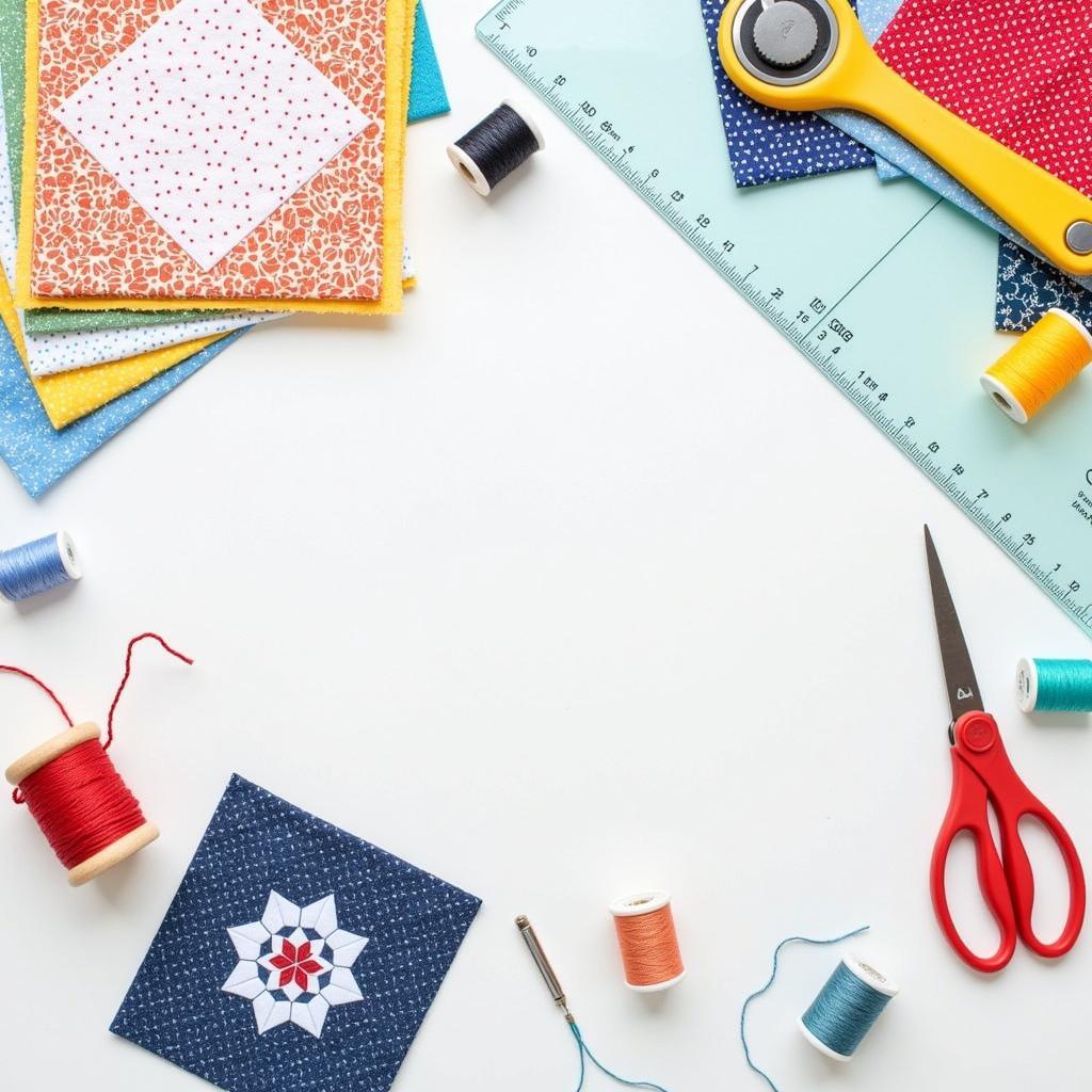 Essential supplies for paper piecing arranged on a table