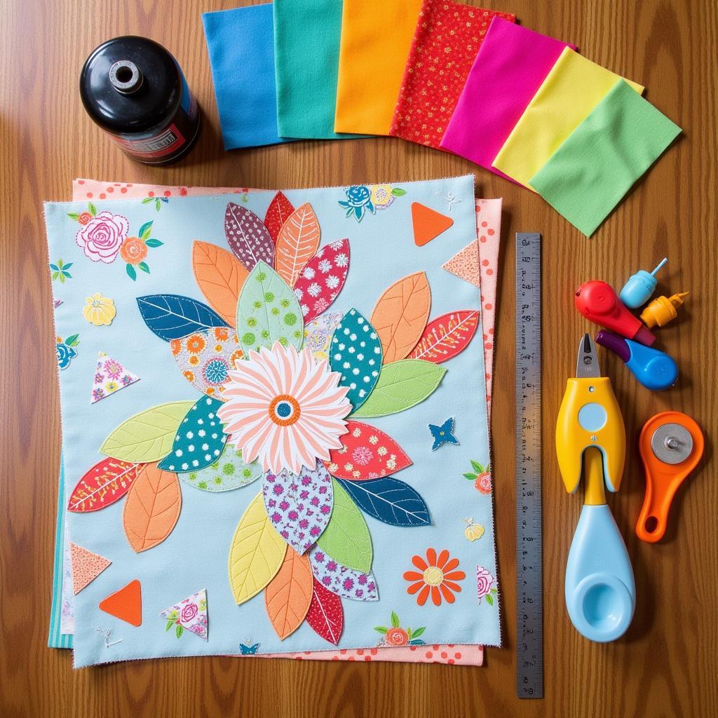 Colorful Fabric Scraps and Paper Piecing Tools on a Wooden Table